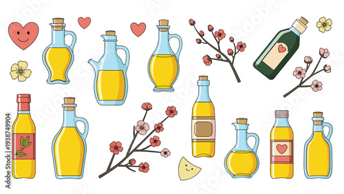 Diverse collection of colorful oil bottles, showcasing various shapes and labels, some adorned with hearts and delicate blossoms, ideal for cooking and cosmetic themes.