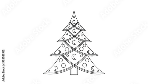 Festive line art illustration of a charming Christmas tree, uniquely adorned with intricate patterns of crescent moons and stars, celebrating winter holidays.