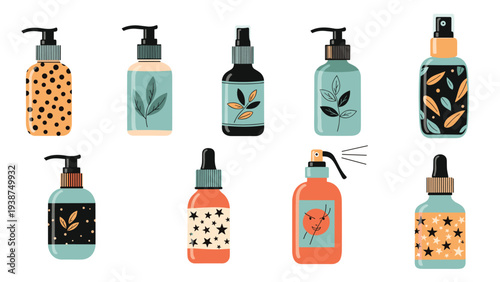 Modern set of various cosmetic bottles, featuring pumps, sprays, and droppers, each uniquely decorated with abstract patterns and labels, for beauty and skincare.