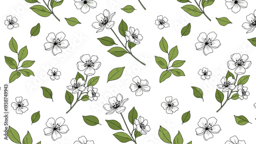 Fresh seamless pattern featuring delicate white flowers with prominent stamens, interspersed with vibrant green leaves, creating a lively botanical design.