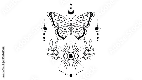 Majestic line art illustration of a mystical butterfly adorned with celestial patterns, hovering above an all-seeing eye and laurel branches, symbolizing spiritual insight.