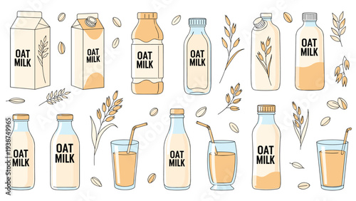 Extensive set of diverse oat milk illustrations, featuring various cartons, bottles, and glasses, some with oat grains and sprigs, for plant-based nutrition.