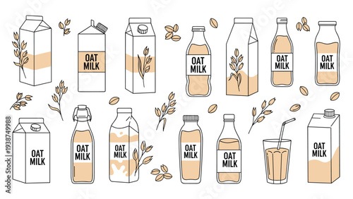 Collection of oat milk cartons, bottles, and a glass with oat grains and sprigs, representing healthy plant-based dairy alternatives.