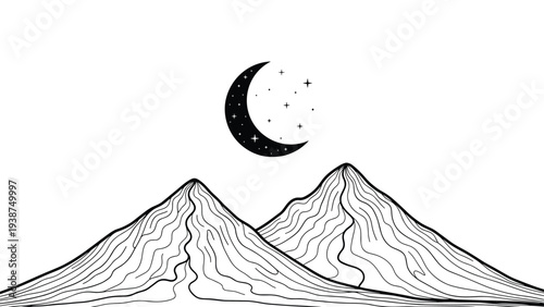 Minimalist black and white line art illustration depicting two majestic mountains under a serene crescent moon adorned with twinkling stars.