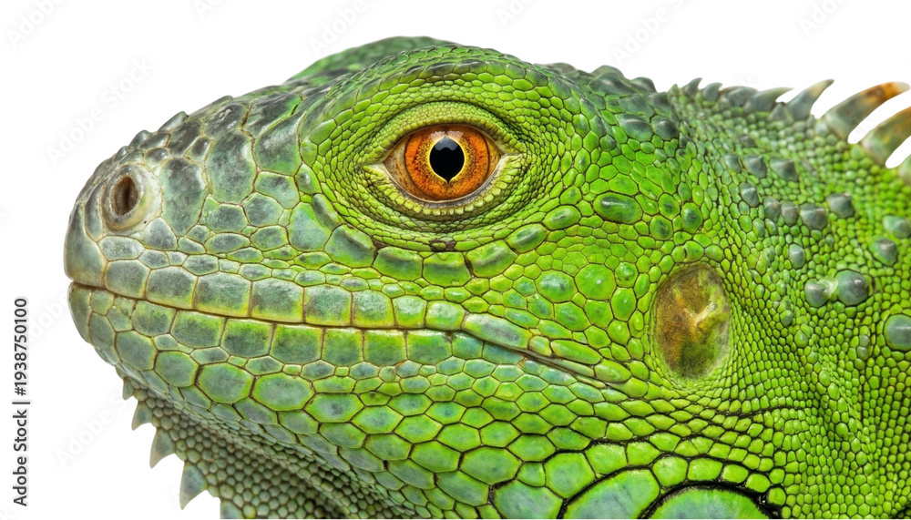 Fototapeta premium Close-up profile of a vibrant green iguana head with detailed scales isolated on a transparent background.