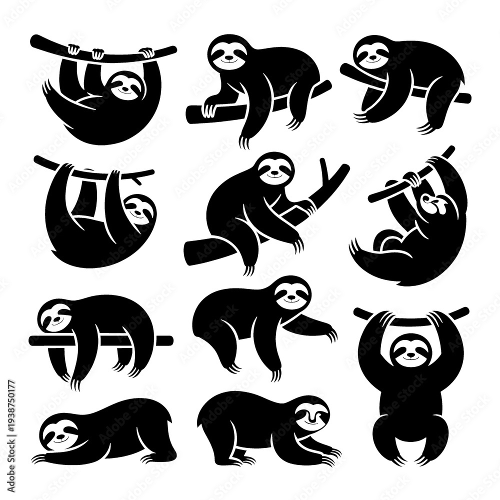 Fototapeta premium Sloth Hanging Illustration in Black and White Vector: Cute Cartoon Style Animal Silhouette Art