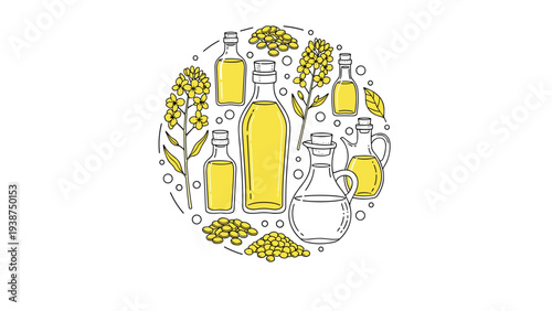 Vibrant circular composition of various mustard oil bottles, flowering mustard plants, and scattered seeds, symbolizing natural healthy cooking.
