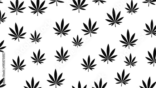 Dynamic seamless pattern featuring scattered black cannabis leaves on a pristine white background, perfect for modern botanical designs.