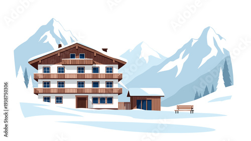 Picturesque alpine chalet nestled among snow-covered mountains, featuring a traditional European design with a charming winter landscape.