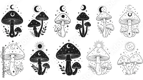 Diverse collection of mystic mushroom illustrations in black and white, featuring celestial elements like moons and stars, evoking magic and fantasy.