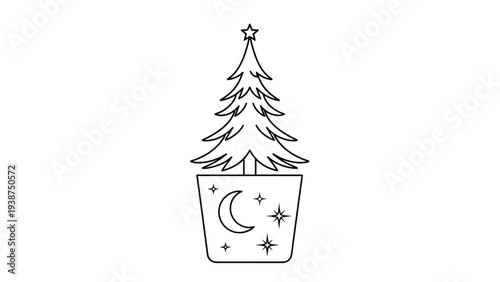Charming black and white line art illustration of a festive Christmas tree nestled in a pot, adorned with a moon and stars.