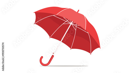 Vibrant red open umbrella, positioned at an angle, providing protection from rain or sun in a clean, isolated presentation.