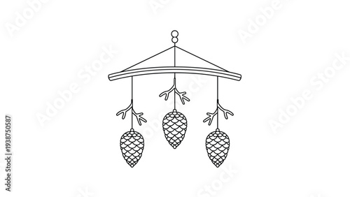Adorable black and white line art illustration of a baby mobile, delicately adorned with natural pinecones and small branches, creating a rustic charm.