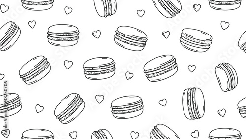 Delightful seamless pattern showcasing charming outlined macarons and small hearts, perfect for sweet dessert and romantic themes.
