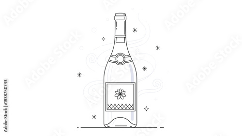 Elegant black and white line art illustration of a champagne or wine bottle, adorned with a delicate flower label and celebratory sparkles.