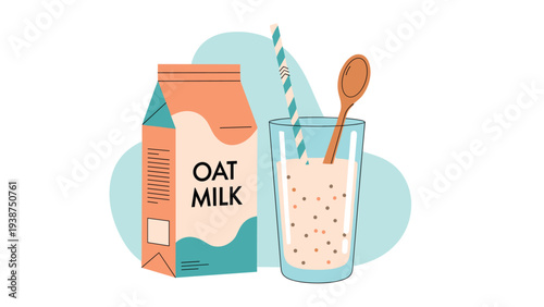 Wholesome oat milk set, showcasing a carton and a refreshing glass with a spoon and straw, set against a stylized background for dairy-free concepts.