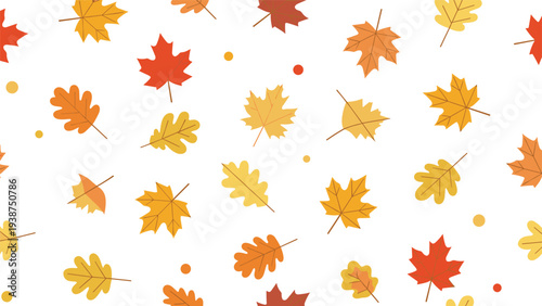 Vibrant seamless pattern featuring scattered colorful autumn leaves, including maple and oak, interspersed with playful dots, evoking fall charm.