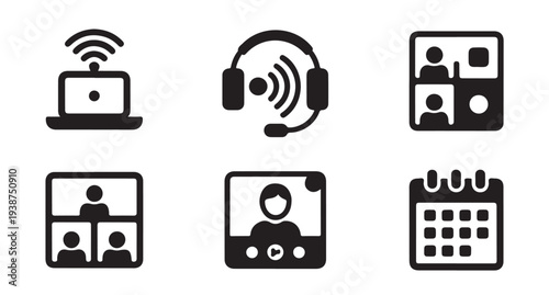 Set of 6 virtual communication icons, including laptop, headset, video call, and calendar