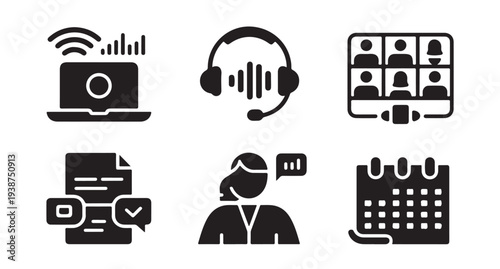 Set of 6 virtual communication icons, including laptop, headset, video conference, and calendar