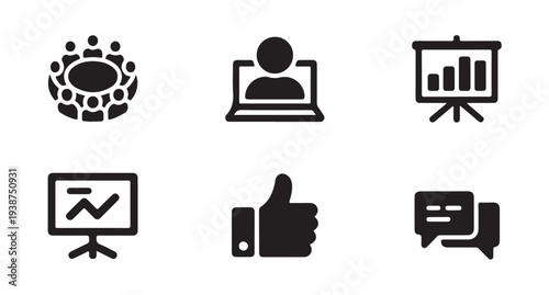 People in circle meeting, person on laptop, presentation board with bar graph, graph on screen