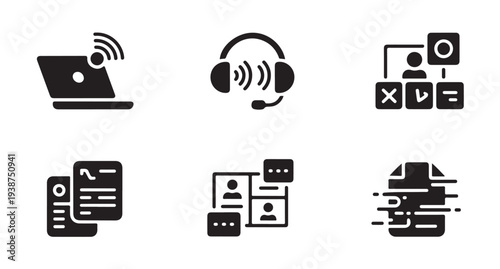 Laptop with wifi signal, headset with sound waves, flowchart with people icons and checkboxes