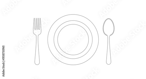 Simple Line Art: Fork, Plate, Spoon - Minimalist Table Setting Illustration