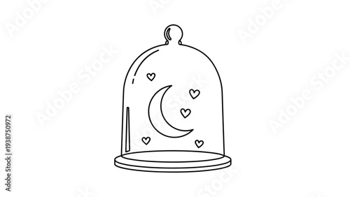 Minimalist line art illustration of a glass dome cloche, enclosing a delicate crescent moon and floating hearts, perfect for romantic or whimsical themes.