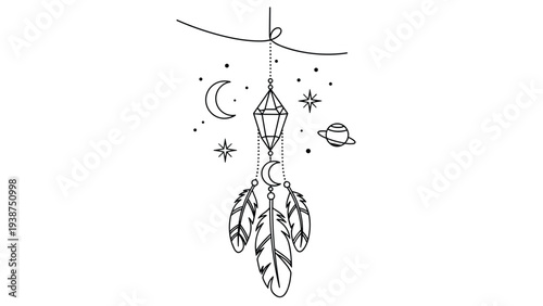 Mystical line art illustration of a hanging celestial ornament, featuring a crystal, crescent moons, feathers, stars, and a distant planet for esoteric themes.