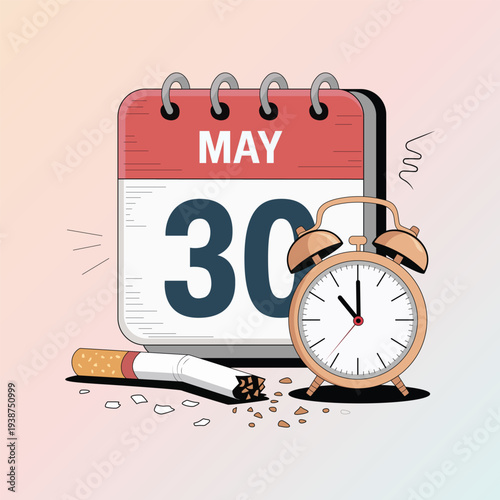 World No Tobacco Day on May 30th, showing a broken cigarette and alarm clock symbolizing quitting smoking
