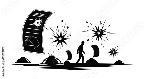 man walking on desert landscape with flying objects and explosions