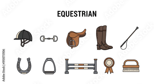 Illustration of ten equestrian gear items arranged in two rows