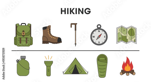 Icons for hiking essentials displayed above and below a dividing line