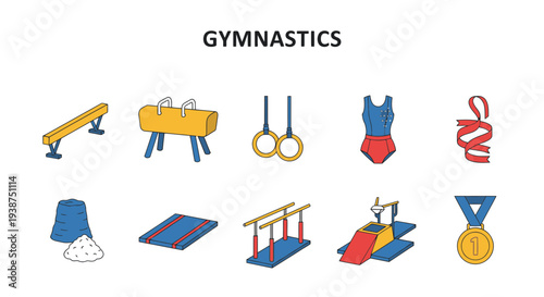 A graphic set of ten isometric icons representing gymnastics apparatus attire and awards