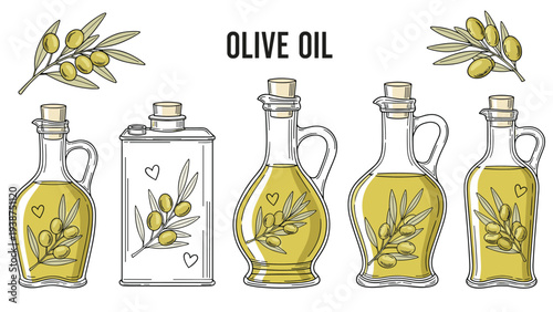 Elegant collection of olive oil bottles and decorative jugs, each featuring fresh olive branches and labeled "OLIVE OIL", emphasizing quality.