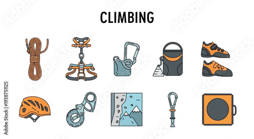 Flat lineart icons representing various rock climbing equipment on a white background
