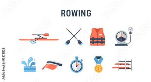 Flat icons related to rowing sport including a boat oars safety vest gauge stopwatch medal and rack