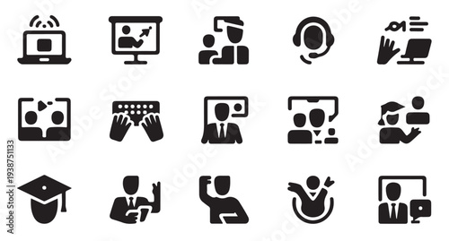 Set of 15 business and education vector icons. online training, learning, meeting, conference