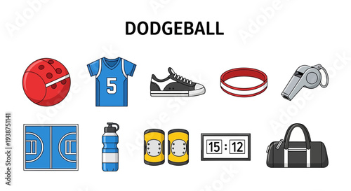 Collection of ten flatdesign icons related to the sport of dodgeball