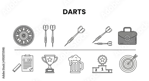 Line art icons related to darts including a dartboard darts briefcase scoring sheet trophy beer and podium
