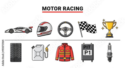 Collection of ten illustrated motor racing icons arranged in two rows