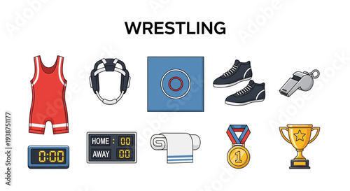 Icons illustrating wrestling equipment and awards centered below the word WRESTLING