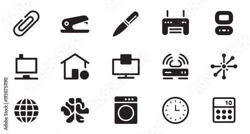 Collection of office supply and electronic device icons in modern flat style