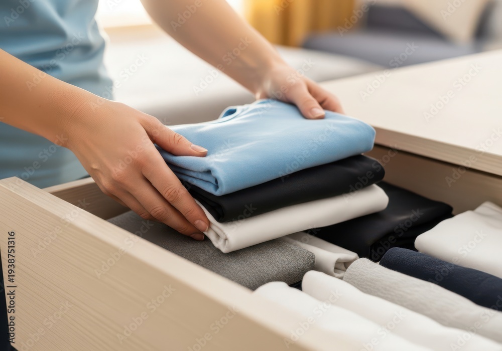Fototapeta premium A person neatly folding and stacking clothes in a drawer