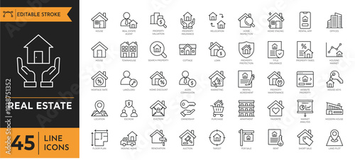 A collection of 45 line icons representing various real estate concepts and objects.