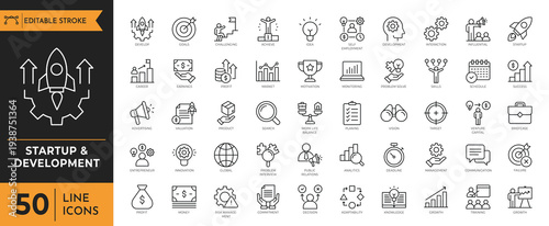 A collection of 50 line icons depicting various startup and development related symbols.