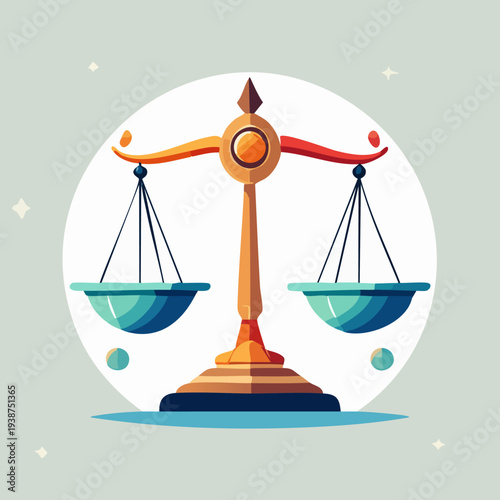 Illustration of a golden balance scale on a white circle background.