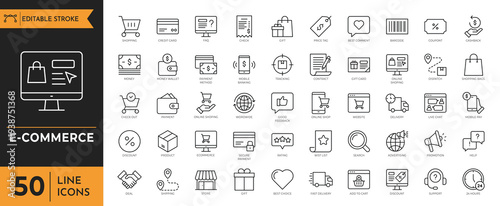 E-commerce icons showcase various online shopping and business symbols on a screen.