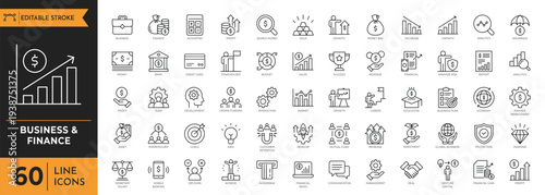 Business and finance icons showcase various symbols and graphs on a clean surface