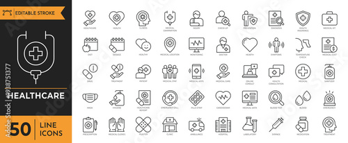 Healthcare icons depict various medical symbols and line icons on a white background