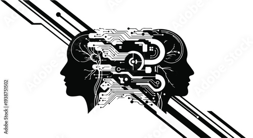 Robotic heads with gears and circuits, futuristic technology concept